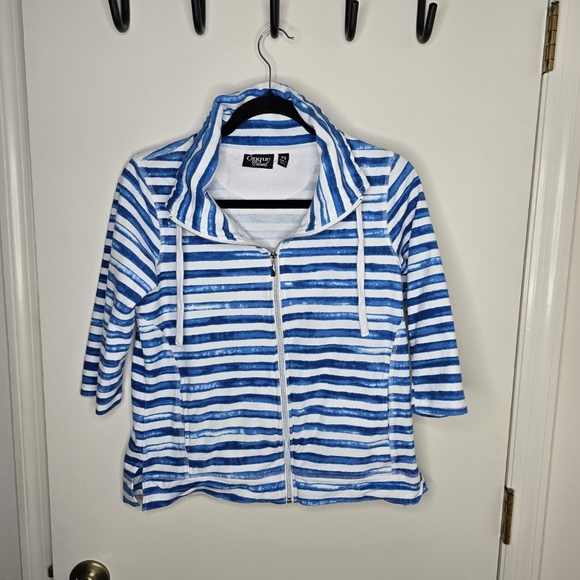 Onque Casuals Blue and White Striped Zip Up 3/4 Sleeve Sweatshirt PS - Picture 1 of 5